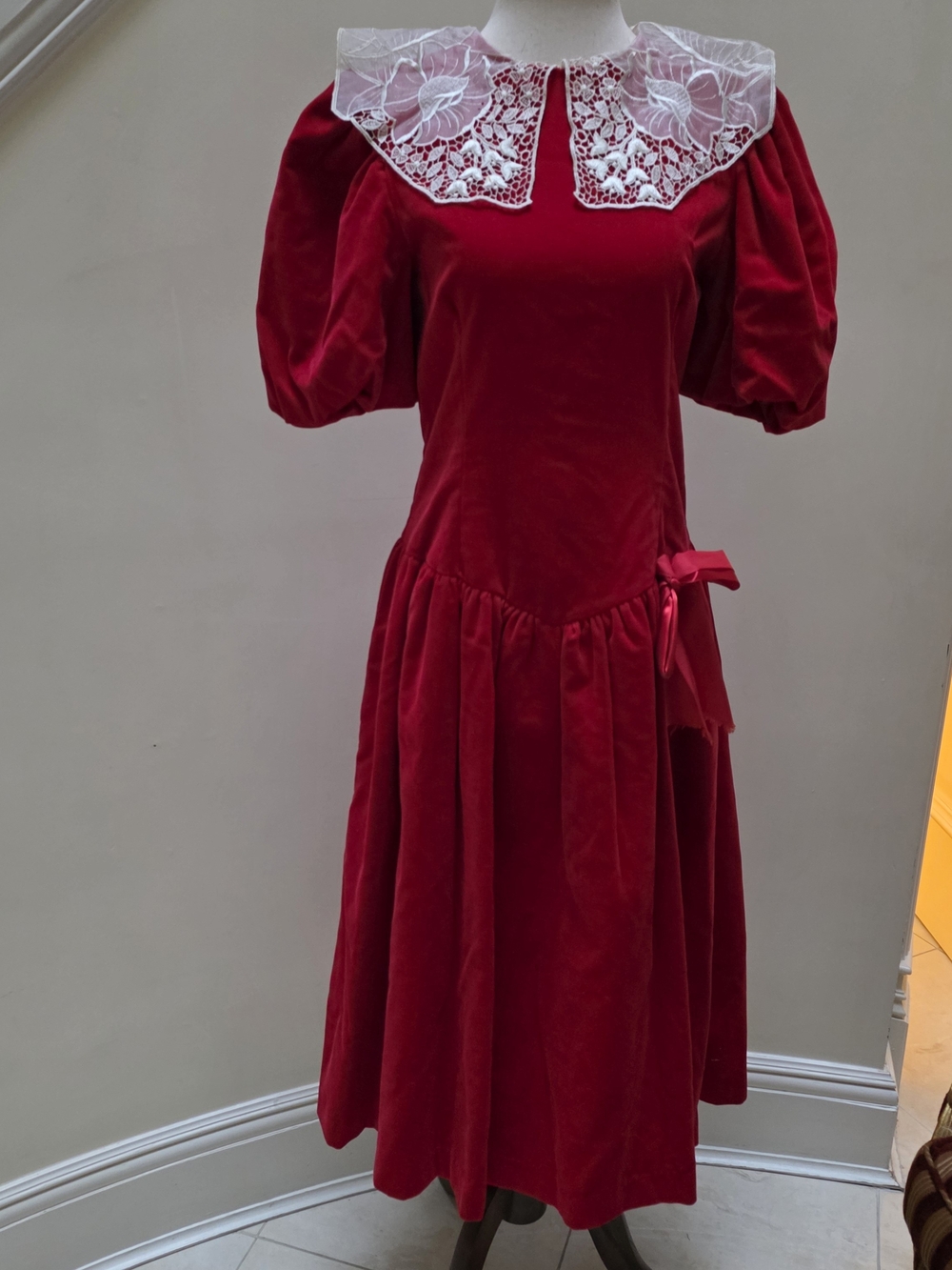 Red Velvet Princess Drop Waist 80s Dress Lace Collar and Ribbon BRITISH Costume